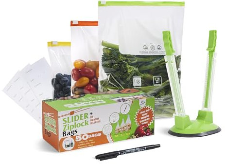 Reusable Freezer Bags Set (50Pcs) – Large, Medium & Small Slider Ziplock Bags (4.5L, 2.25L & 1L) + 50 Freezer Labels, Bag Holder & Pen – Leakproof, BPA-Free, Heavy Duty Food Storage Bags (50, L, M, S)