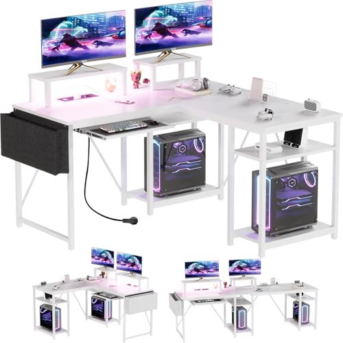 Airfish Escritorio de Esquina con Estantes y LED,Escritorio esquinero en Forma L para Gaming con Soporte para Monitor,con enchufes y Puertos de Carga USB (140x140cm,Blanco)
