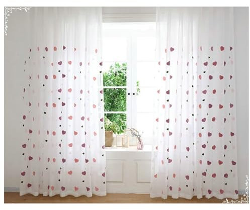 Vorhänge Weiß 2er Set mit Haken, Gardinen für Schienensystem Jacquard mit Herzen Motiv 107x160CM Gardinenschals Baumwolle Halbtransparent für Wohnzimmer Schlafzimmer Küche