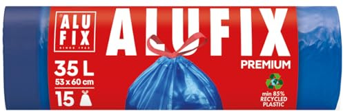 Bolsas de basura ALU FIX con cordón, LDPE premium/ 35l - 15 bolsas de basura - 1 rollo/ 26 μm/azul/bolsa de basura, bolsas de residuos/ 53 × 60cm/ bolsa de basura para cocina - oficina - baño