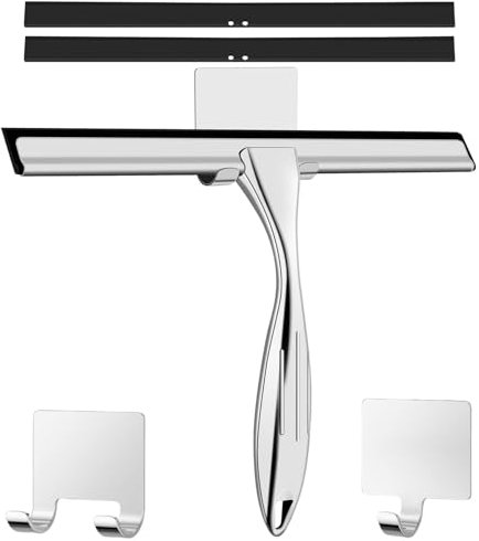 Limpiacristales de ducha de acero inoxidable, 25 cm, con 2 extractores de goma de repuesto, con soporte, limpiacristales para baño, espejos y azulejos, limpieza sin rayas para superficies de cristal