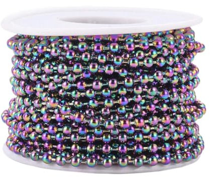 2,5 mm 3,0 mm 4,0 mm runde Kugelperlenketten, gelötete Edelstahl-Kugelketten, Großpackung für DIY-Halsketten, Schmuckherstellung, Zubehör, 10 m/Rolle, Regenbogenfarbe, 3,0 mm Breite
