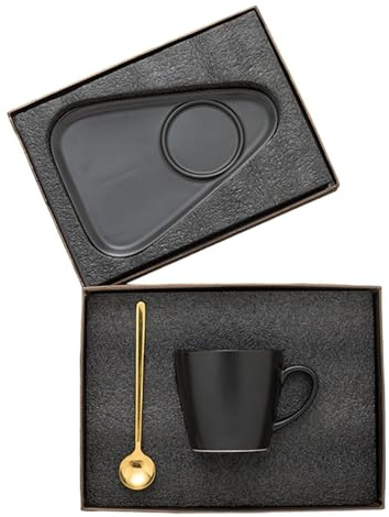 Juego de tazas de café espresso con platillos, tazas de café resistentes al calor de cerámica, juego de tazas de café espresso con platillos y cucharas para novia, esposa, novio