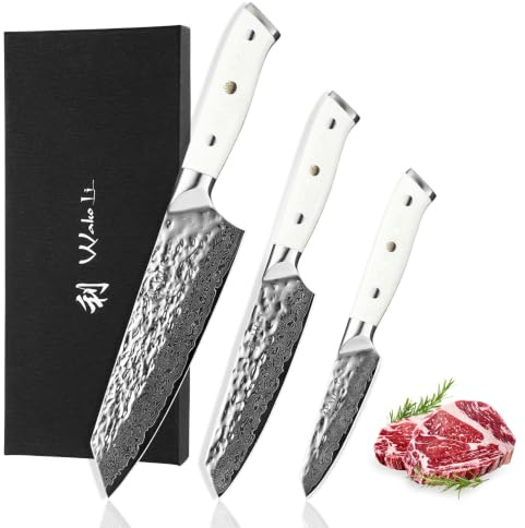 Wakoli Perle Blanche 3er Damastmesser-Set, 9 bis 18 cm, 67 Lagen, VG10-Kern | Mit Officemesser, kleinem Santoku und Santoku, ergonomischen G10-Griffen, Geschenkbox, für Fleisch, Fisch, Gemüse und Kräuter