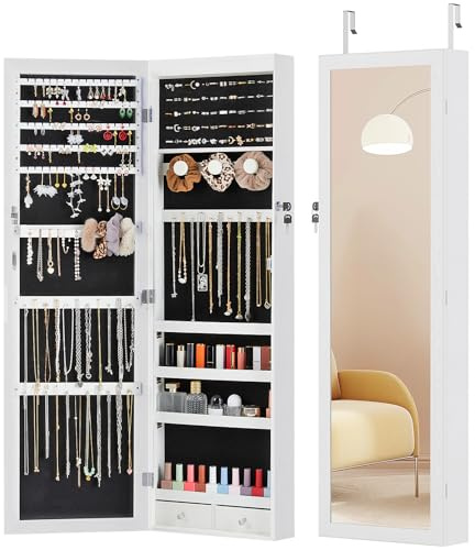 Elevon 6 LEDs Jewelry Cabinet Organizer, 47.2-inch Jewelry Armoire with Full-Length Mirror, Wall or Door Mounted Jewelry Storage, Lockable Large Capacity Storage, White
