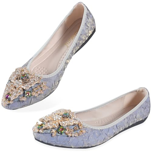 YOUNIFIZ Women's Roll Up Flats, Sparkly Rhinestone Ballet Flats for Women, Ladies' Foldable Pointed Toe Comfort Light Weight Slip-On Dress Shoes (Blue-1,Size 6)