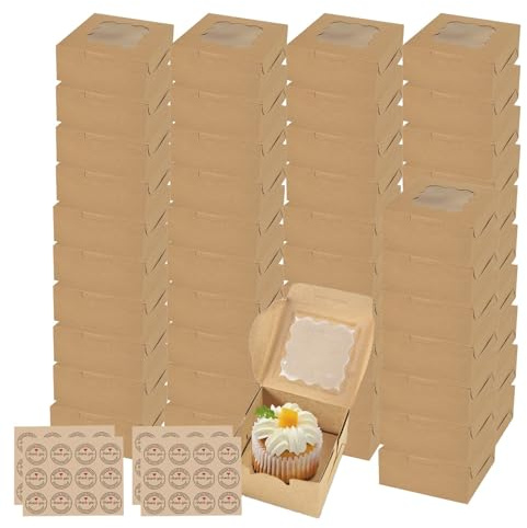 DYUEE Brown Bakery Boxes with Window 48Pcs Mini Takeaway Cake Boxes 4'' | Pie Boxes Brown Kraft Box with Window with Stickers Bakery Pastry Boxes for Cupcake Cookie Chocolate Sweet ( 10x10x6.7 Cm )