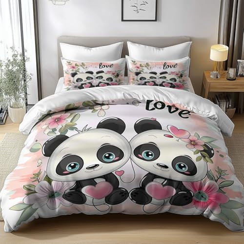 Bedding Set Copripiumino Reversibile 220x230cm 3D Stampa Stile Cartone Animato Panda Fiori A Forma Di Cuore Morbida Microfibra Ipoallergenico Biancheria da Letto Set 3 Pezzi con Chiusura a Cerniera