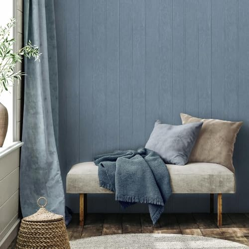 World of Wallpaper Beaded Wood Panel, 3D Effect Contemporary, Blue (5914) | Easy to apply wallcovering, Dusky, Bedroom, Home Office, Hallway, Living Room (10.05m x 52cm roll)