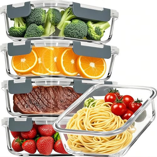 KUMD 5 Pack 36OZ Glass Food Storage Containers with Airtight Locking Lids (1040ml) - LeakProof Meal Prep & Lunch Boxes, Oven, Microwave, Freezer & Dishwasher Safe, BPA Free & LFGB Certified