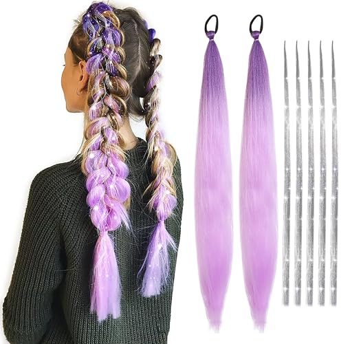 Set di extension per capelli colorati pre-stirate, color argento, 66 cm, 2 confezioni da 2 ciocche di extension sintetiche per coda di cavallo, 61 cm, 5 pezzi, glitterate, colore: viola