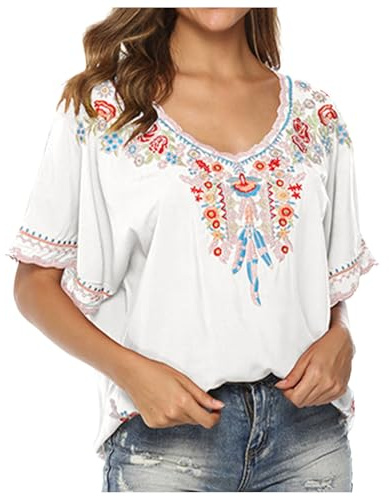 MODSGUE Chemisier brodé hippie vêtements femmes années 70 80 vêtements bohémien folklore brodé confortable tunique manches 3/4 élégant hauts, Blanc., XL