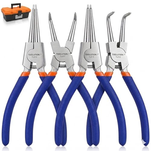 TOOLUTION Lot de 4 Pinces Circlips 7″ – Pinces Anneau Intérieur/Extérieur Droites et Coudées, Acier 45, Finition Électroplaquée