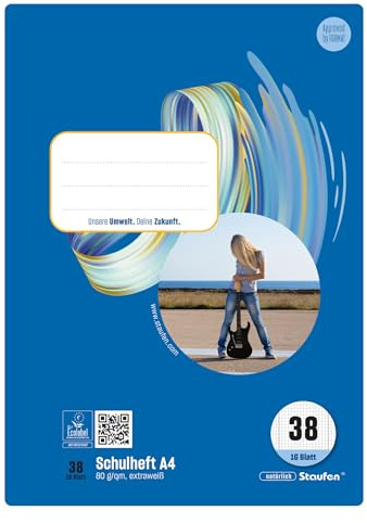 Style Schulheft - 10 Hefte à 16 Blatt, DIN A4, 80 g/m², kariert mit Rand | Lineatur 38, hochwertiges Papier, ausgezeichnet mit dem EU Ecolabel, praktische Details
