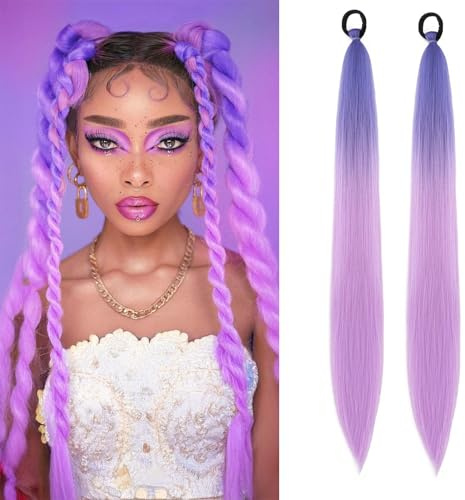 Extension per capelli con coda di cavallo S-noilite Ombre con elastico per capelli da donna, finto parrucchino per feste quotidiane, treccia fai da te, 66 cm, 2 pezzi Ponytail,Blu viola-viola chiaro