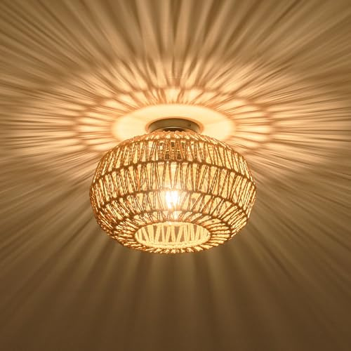 NUODIFAN Boho Rattan Deckenlampe 30cm Handgeflochten – E27 Lampenfassung, Vintage Bambus Deckenleuchte für Schlafzimmer, Wohnzimmer, Flur