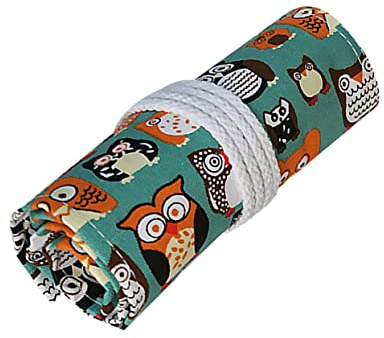 Gadpiparty Modische Unisex Stifterollentasche aus Baumwolle mit Eulenmuster Grün 48 Fächer Rollbarer Stiftehalter für Schule Kunst und Reisen
