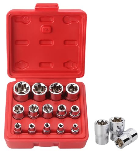 LEKEFETO Jeu de 14 clés à douille Torx extérieures 1/2, 1/4, 3/8, douilles Torx E E4-E24 en CR-V, extracteur d'écrous, jeu de clés à douille, extracteur de boulons
