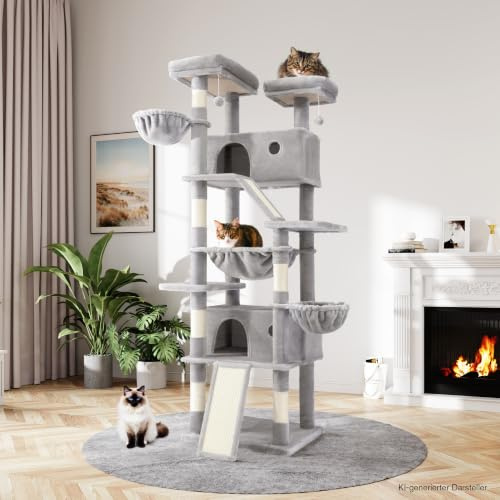 MUTICOR kratzbaum groß,206 cm hoch, Mehreren Ebenen Großes Kletterbaumhaus für große Katzen/Kratzbaum für Wohnungskatzen/Plüsch-Sitzplattformen/Korbhängematte/breite Basis/Grau