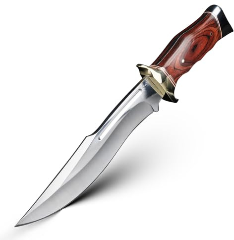 XUANFENG Festes Messer mit 9CR18 Edelstahl, Jagdmesser mit echtem Lederetui + Griff aus Palisander für Überleben, Camping, Jagd