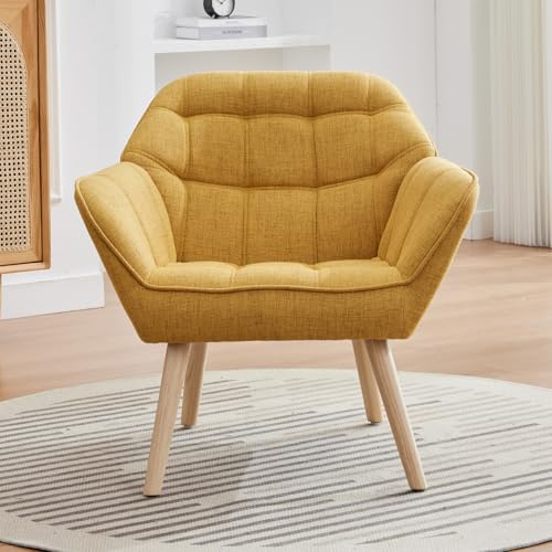 chairus Single Sofa Accent Chair Linen Tub Chairs Upholstered for Living Room Modern Cocktail Armchair with Wooden Legs (Yellow-1)