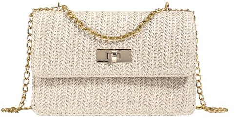 XFSRG Sac a Main Femme en Paille d'Embrayage d'Été Élégant Bandoulière Clutch Tissée avec Chaîne Détachable pour Plage Fête Vacances(Beige)