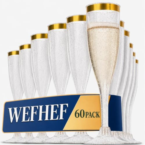 WEFHEF 60 Stück Sektgläser Plastik 150ml Champagner Gläser Wiederverwendbare Goldene Kante und Glitter Sektglas Mehrweg Sektgläser Weingläser Set für Geburtstag Hochzeit Party Picknicks Outdoor