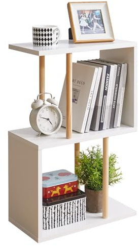 Aibiju Mesa Auxiliar Estrecha con Estante de Almacenamiento Abierto, Mesa Auxiliar en Forma de S, Mesita de Noche de 3 Niveles, 60 cm de Alto, Mesa de Sofá para Espacios Pequeños, Blanco YD-ST003W