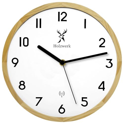 Holzwerk Germany Natur Funkwanduhr Funk Wanduhr Holz-Uhr Vintage Funkuhr lautloses Uhrwerk ohne Tickgeräusche Buche Weiß lautlos aus handgefertigtem Massivholz Holz 25 cm