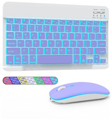 LAMA Clavier et souris sans fil rétroéclairés 7 couleurs, rechargeable ultra fin et universel, clavier Bluetooth portable pour iPad/tablette/iOS/Android/Windows/ordinateur portable/ordinateur de