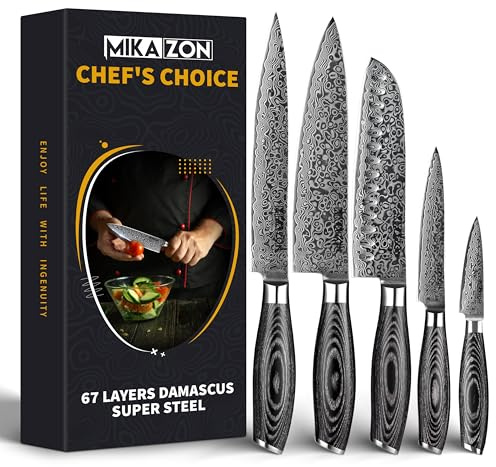 MIKAZON Damastmesser Küchen-Set - Professionelle 5-teilige Koch-Kollektion mit 67-lagigen Stahlklingen und Pakkaholzgriffen in Geschenkbox