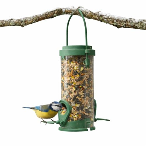 Vogelfutterspender für Wildvögel mit 2 Futteröffnungen, transparentem Futterbehälter, wetterfest aus recyceltem Kunststoff, zum Aufhängen oder Aufstellen, inkl. Vogelfutter für Garten & Balkon
