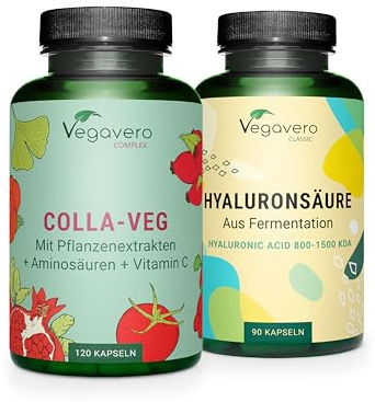 Vegavero Hyaluronsäure + Collagen Booster Bundle – 600 mg Hyaluron (800–1500 kDa) & Vegane Kollagen Alternative mit Aminosäuren & Vitamin C, 180 + 120 Kapseln
