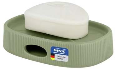 WENKO Seifenablage Mod. Fablo aus Keramik mit Rillenoptik, freistehender Seifenhalter, mit Ablauföffnung, Seifenschale für Bad und Gäste-WC, grün matt