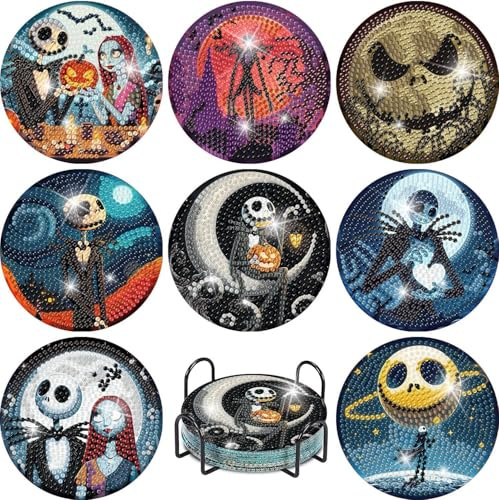 8 Pcs Halloween Diamond Painting Coasters Kits for Adults Beginners, DIY Horror Skull Diamond Art Coasters with Holder, Full Round Drill Rhinestone Painting Coaster Kits for Supplies Gifts 4X4 Inch.