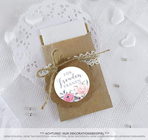 Freuden Tränen Taschentücher Set zur Hochzeit Klein 24 Sticker BLÜTEN ROSEN PASTELL ROT ROSA GRAU BLAU + 24 braune Flachbeutel 63 x 93 mm für Freudentränen Taschentuch Verpackungen