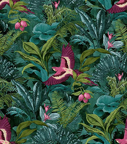 YöL Tropical Rainforest Wallpaper Botanical Floral Birds Jungle Teal Green