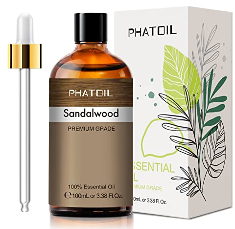 PHATOIL 100ML Sandalwood Essential Oil, Pure Aromatherapy Essential Oils for Diffuser, Humidifier, Scented Oils for Soap, Candle Making, Huge 3.38fl.oz Bottle
