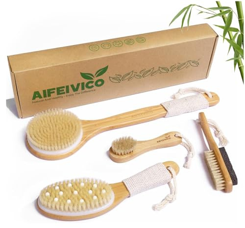 AIFEIVICO Dry Brushing Body Brush, Natural Boar Bristle Dry Brush, Bamboo Exfoliating Body, Face, Foot, Long Handle Back Scrubber Brush, Meridian Pressure for Lymphatic, Cellulite