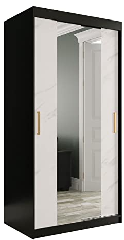 Kleiderschrank Kamoga T1, Schwebetürenschrank mit Spiegel und 2 Kleiderstangen, Marmor Optik Muster, Schiebetürenschrank für Schlafzimmer (Modell 100, mit Schubladen, Schwarz/Marmor Weiß + Gold)