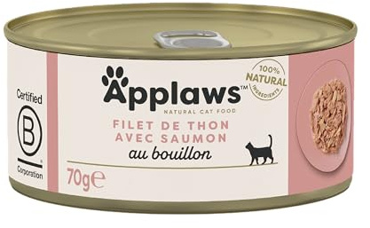 Applaws 100% Natural Comida Húmeda para Gatos Adultos con Filete de Atún y Salmón en Caldo, 24 latas de 70g