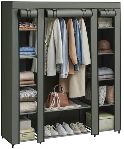 SONGMICS Guardaroba in Tessuto, Armadio Portatile per Camera da Letto, Appendiabiti con Copertura in Tessuto, Portabiti, 45 x 150 x 175 cm, 12 Scomparti, Struttura in Metallo, Verde Salvia LSF003C02