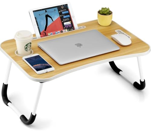 BAKAJI Tavolino da Letto, Vassoio per Colazione Divano, Tavolo Porta Tablet, Notebook, PC, Struttura in Metallo Pieghevole, Leggio Piano in Legno Venato 60 x 40 x 28 cm (Beige)