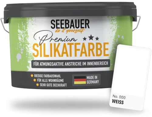 SEEBAUER diy Silikatfarbe Weiß 2,5L für Innen (No. 000 Weiß) Atmungsaktive Mineralfarbe für Allergiker - Abwaschbare Wandfarbe - Farbtöne hohe Deckkraft