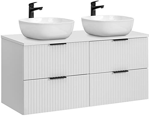 Lomadox Badezimmermöbel Waschtisch Unterschrank 120cm weiß matt gerillt, 2 Keramik-Waschbecken, 4 Softclose-Schubkästen, B/H/T 120,6/74,2/46,5 cm