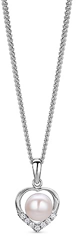OROVI Schmuck Damen Herz–Kette mit Herzanhänger und weiße Süßwasser Zuchtperle umgeben von weißen Zirkonia in Brillantschliff Zeitlose klassische Perlenkette Halskette aus 925 Sterling Silber, 46 cm