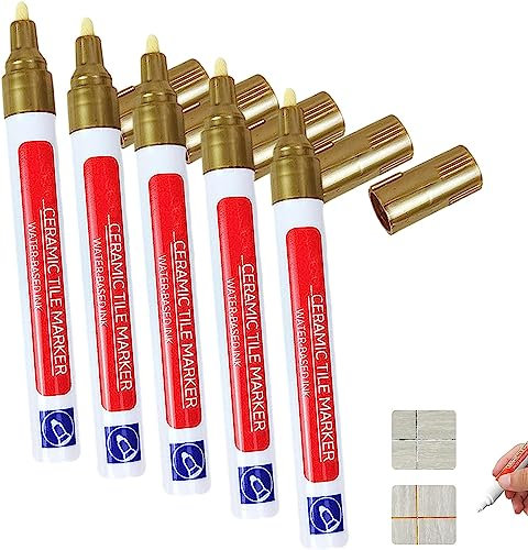 Wasserdichter Boden-Keramikfliesen-Marker, Fugenstift, Fliesen-Farbmarker, kein verblasster Keramikfliesen-Marker, Wiederherstellung der Fugenlinien-Farbe für Zuhause (Gold*5pcs)