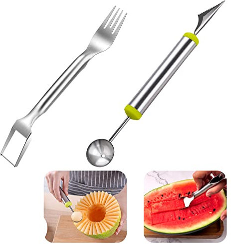 Watermelon Cutter, Melonenlöffel Kugelausstecher Doppelzweck 2psc Obst Gabel Edelstahl Melonenschneider Cutter Aus Edelstahl Melonenschneider für Lebensmittel, Obst, Kuche (2 piece)