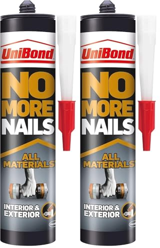 UniBond 2492850 No More Nails All Materials Interior & Exterior Construction Adhesive, All Materials Grab Adhesive, High Strength Adhesive Bonding, White, 390 g Cartridge (Pack of 2)