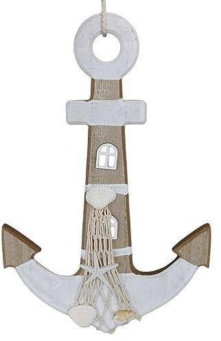Hängedeko Anker aus Holz 30cm maritime Deko natur und weiss Leuchtturm Türhänger